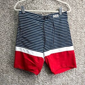 Helly Hansen Swim Trunks Men’s 30 Navy Blue, Red and White Striped 8”